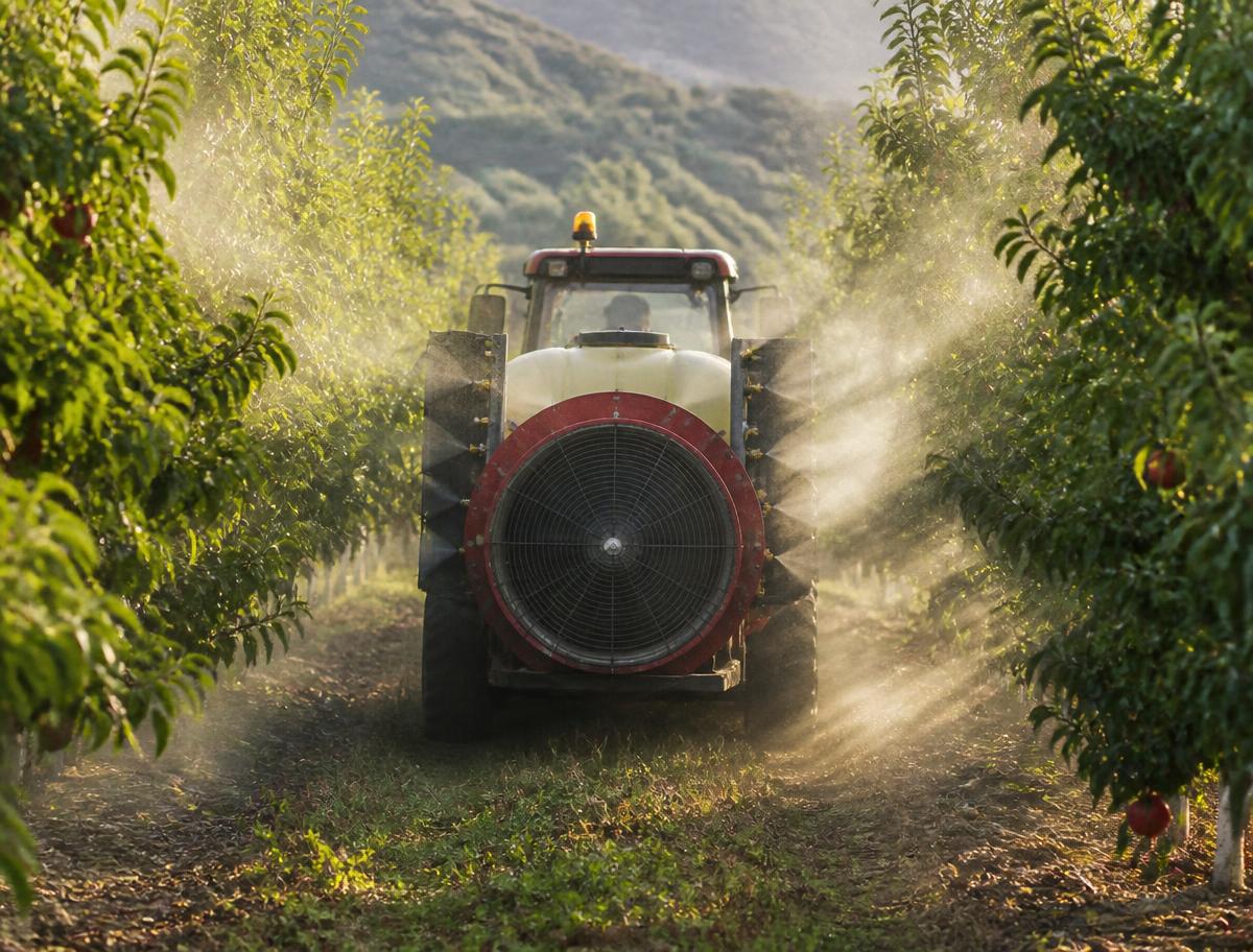 Faena de aplicación entre hileras de un huerto frutal en plena producción