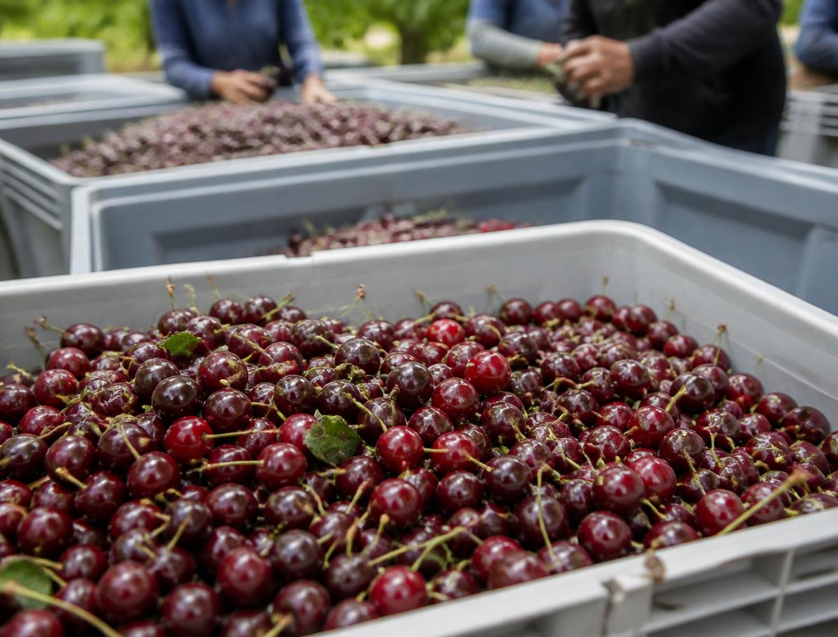 Bins de fruta recién cosechada en el punto de acopio del huerto